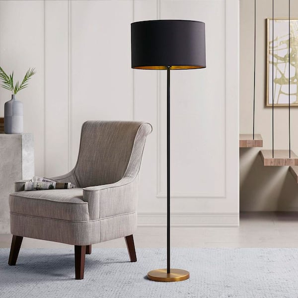 59 in. Black Modern 1-Light 1-Way (On/Off) Standard Floor Lamp for Living Room with Cotton Drum Shade
