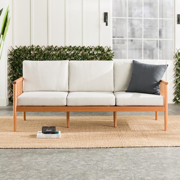 Walker Edison Furniture Company Natural Eucalyptus Wood Modern Outdoor Spindle Couch with Light Pewter Cushions