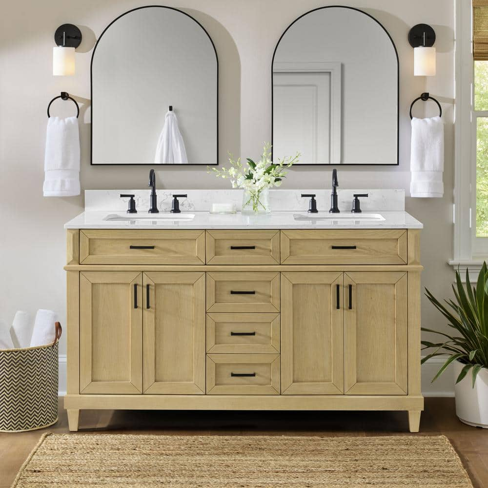 Talmore 60 in W x 22 in D x 35 in H Double Sink Bath Vanity in Light Oak With White Engineered Carrara Marble Top -  Home Decorators Collection, TJ-0201V6022BE