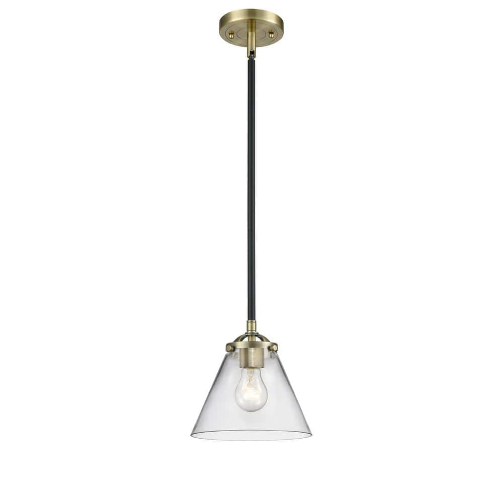 Cone 100-Watt 1 Light Black Antique Brass Shaded Mini Pendant Light with Clear Glass Shade -  Innovations, 284-1S-BAB-G42