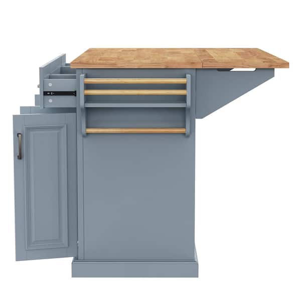 Gray Blue Drop Leaf Rubber Wood Large 54 in. W Embossed Texture Kitchen Island on 4-Wheels with 4-Doors and 3-Drawers