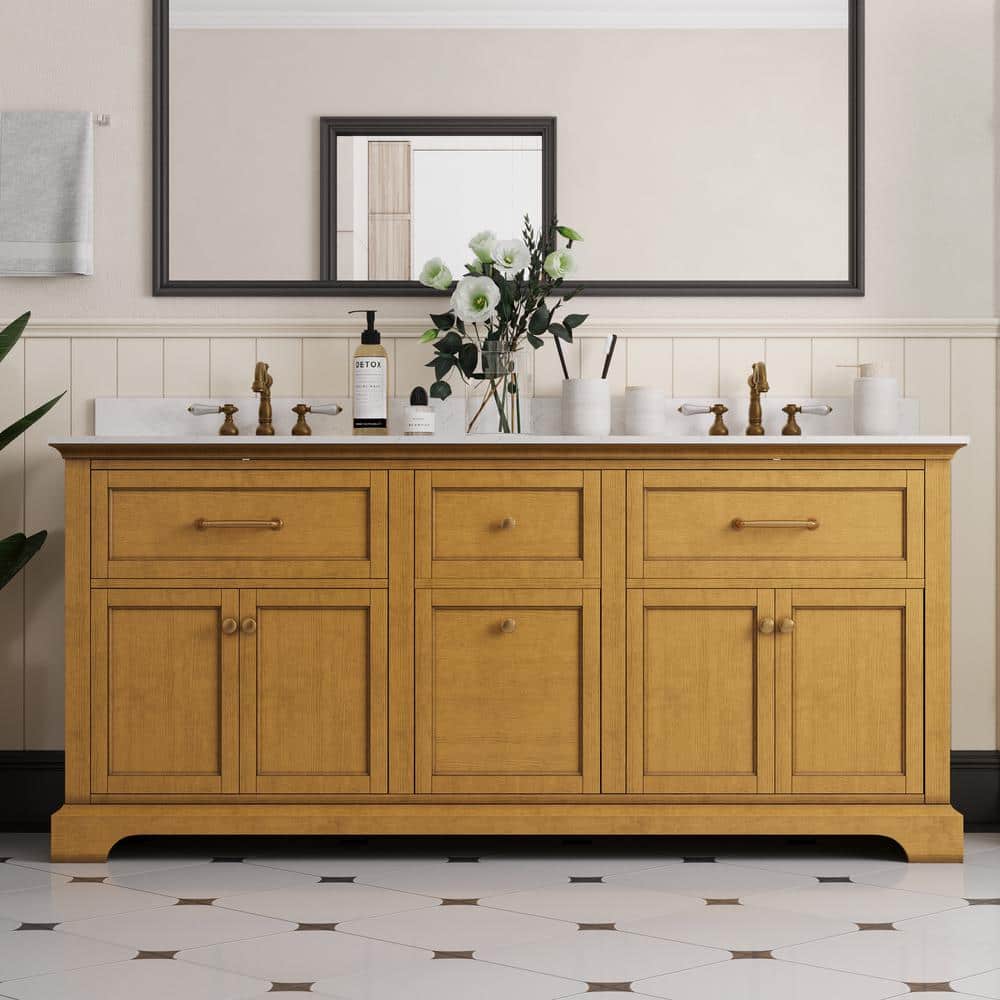 72" Walnut Freestanding Double Bathroom Vanity with Marble Top