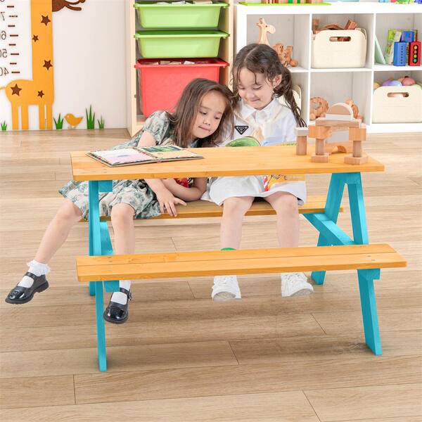 HONEY JOY 2-Piece Wood Top Blue Kids Picnic Table Set with Bench