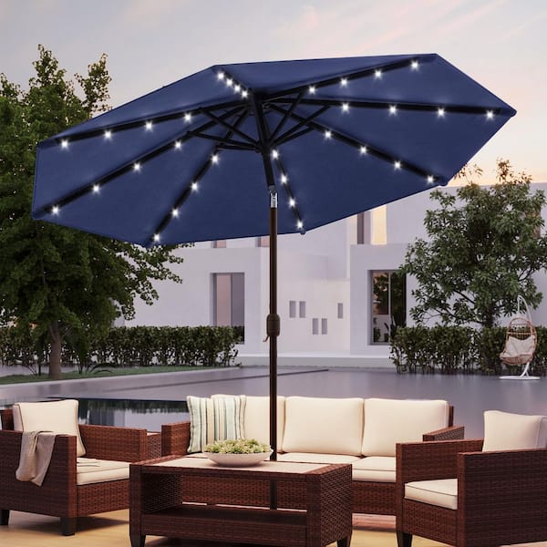 10 ft. Steel Solar Market Patio Umbrella Outdoor Table Umbrella With Tilt Button in Navy Blue