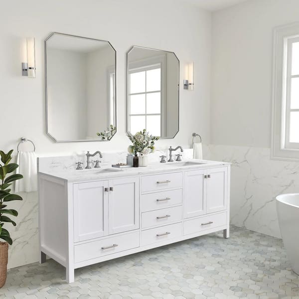 Bath Mist 84 in. W. Double Sink Freestanding Bath Vanity in White with White Engineered Top