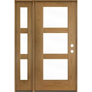 BRIGHTON Modern 50 in. x 80 in. 3-Lite Left-Hand/Inswing Clear Glass Bourbon Stain Fiberglass Prehung Front Door w/LSL