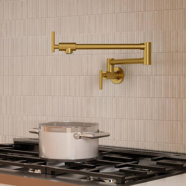 25.25 in. Extended Reach Wall Mount Pot Filler Kitchen Faucet 2-Handle with Dual Swivel Arms in Brushed Gold