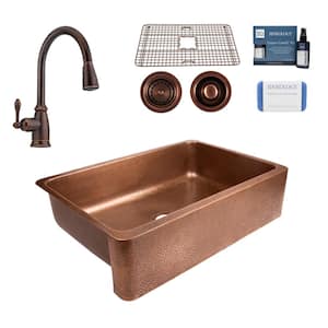 Lange 32 in. Farmhouse Single Bowl 17 Gauge Antique Copper Kitchen Sink with Canton Faucet Kit