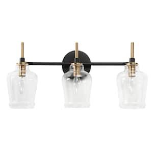 20.5 in. 3-Light Black Bathroom Vanity Light, Bell Clear Glass Bath Lighting, Modern Farmhouse Brass Gold Wall Sconce