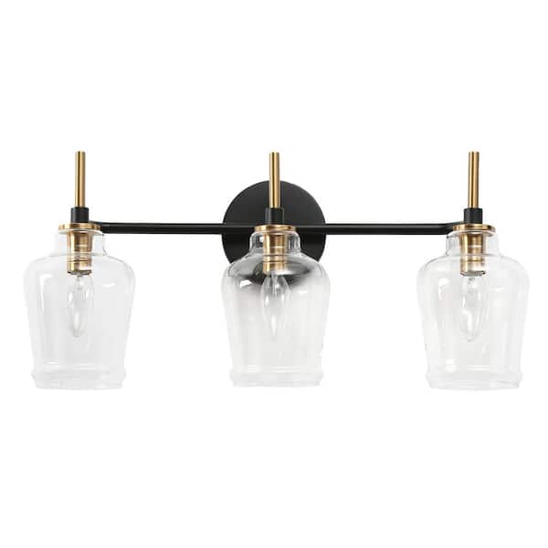 Zevni 20.5 in. 3-Light Black Bathroom Vanity Light, Bell Clear Glass Bath Lighting, Modern Farmhouse Brass Gold Wall Sconce