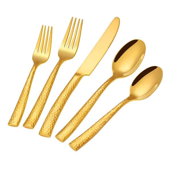 40-Piece Hammered Gold Flatware for 8, Mirror Finish, Rust-Resistant Stainless Steel Set