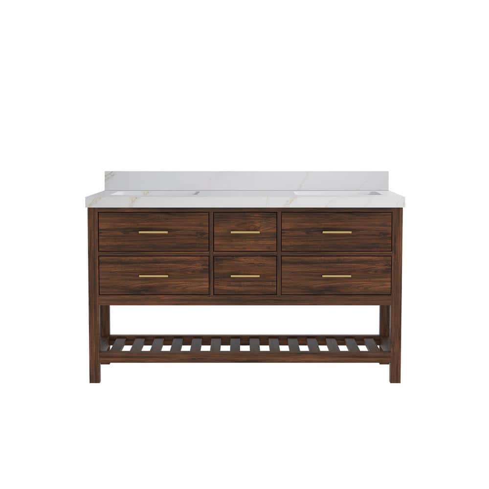 Parket Teak 60 in. W x 22 in. D x 36 in. H Double Sink Bath Vanity in Dark Walnut with Calacatta Sienna Quartz Top price history on PriceWatchPro