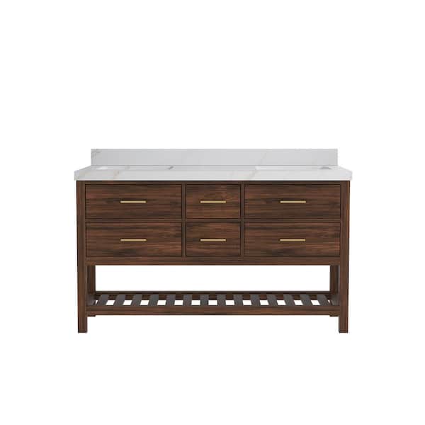 Parket Teak 60 in. W x 22 in. D x 36 in. H Double Sink Bath Vanity in Dark Walnut with Calacatta Sienna Quartz Top