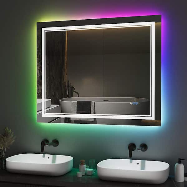40 in. W x 32 in. H Rectangular Frameless LED Light Anti-Fog Wall Bathroom Vanity Mirror, 3-Front Light + 8 RGB Backlit