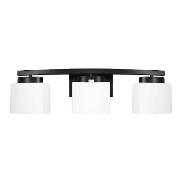 24 in. 3 Light Matte Black Vanity Light for Bathroom with Curved Arms and Milk White Shades