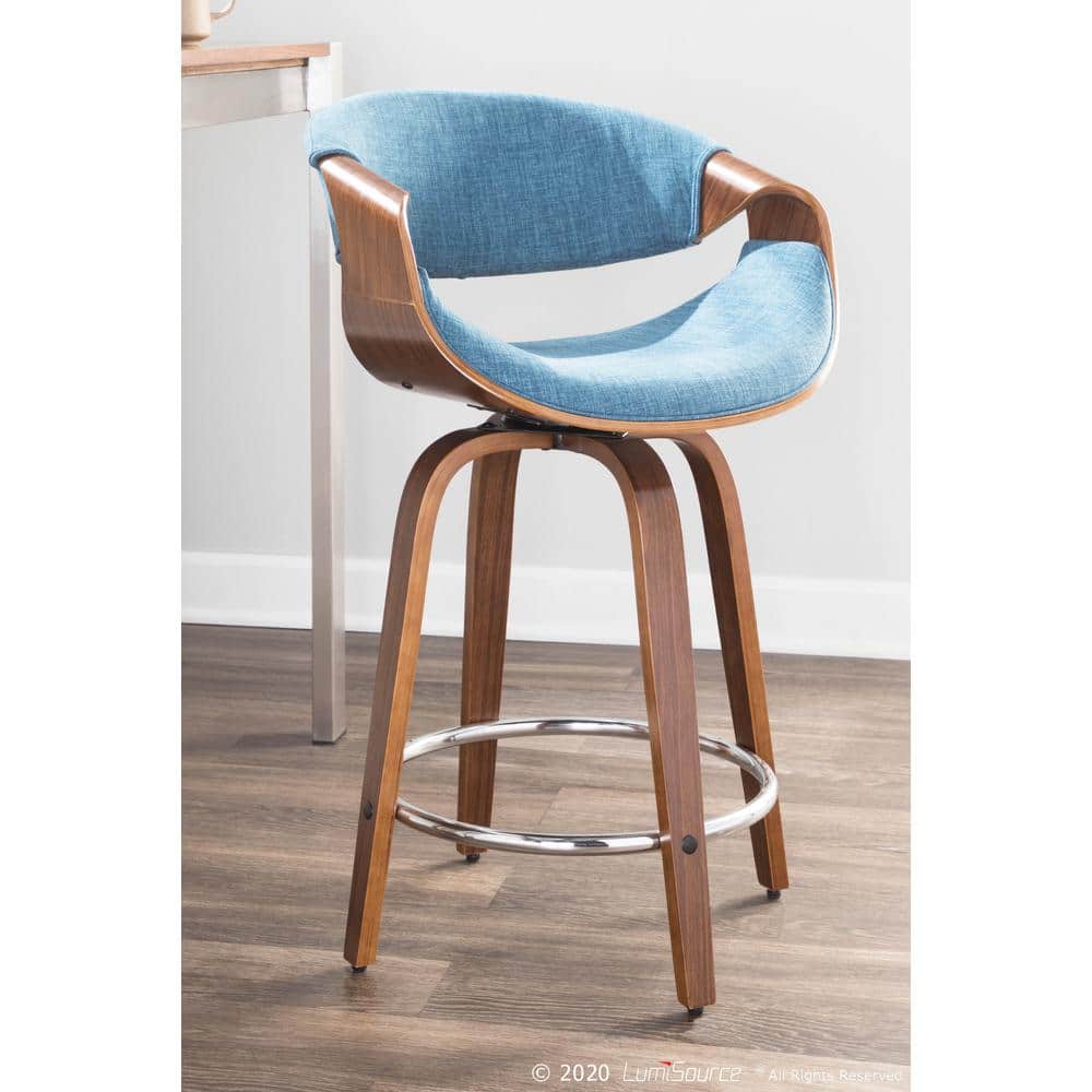 Curvini 20.5'' Walnut Wood and Blue Fabric Swivel Counter Stool - Set of 2
