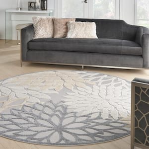 Aloha Natural 10 ft. x 10 ft. Floral Contemporary Round Indoor/Outdoor Area Rug