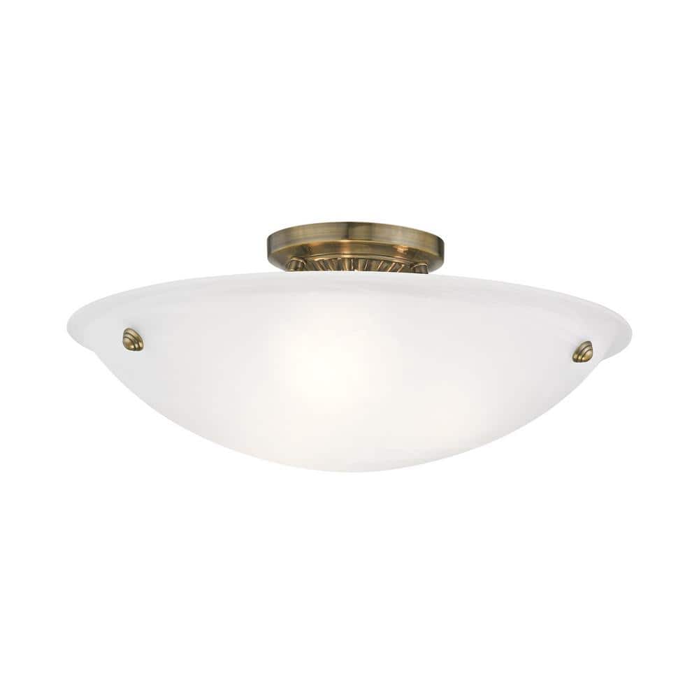 Antique Brass Elegance 3-Light Flush Mount with White Alabaster Glass