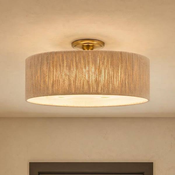 Maynard 22 in. 4-Light Warm Brass Organic Transitional Flush-Mount Ceiling Light with Natural Rope Drum Shade