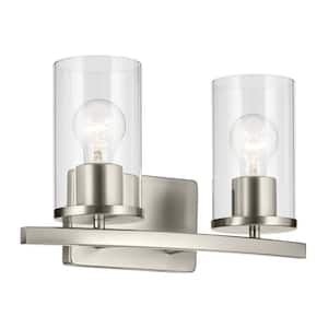 Crosby 15.25 in. 2-Light Brushed Nickel Contemporary Bathroom Vanity Light with Clear Glass