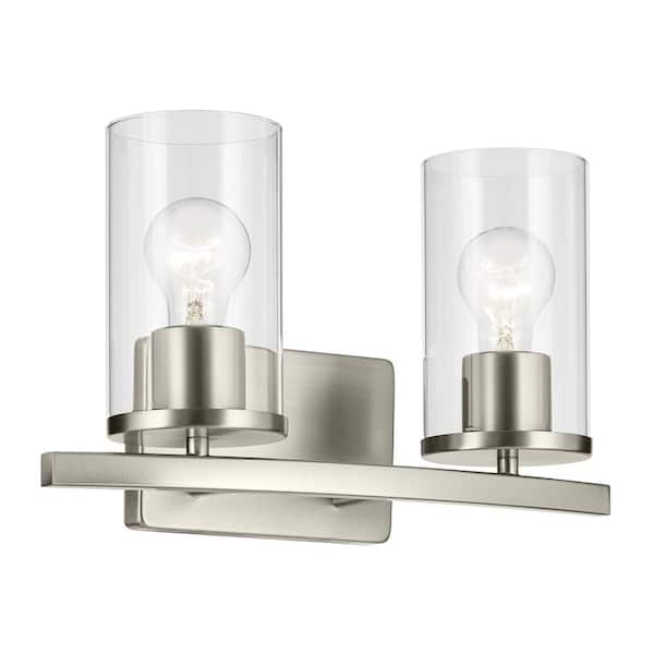 KICHLER Crosby 15.25 in. 2-Light Brushed Nickel Contemporary Bathroom Vanity Light with Clear Glass