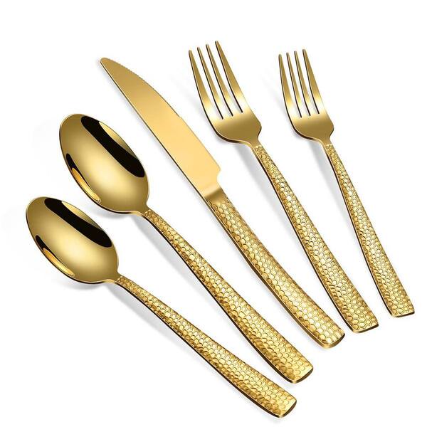 18/0 Stainless Steel 1-Piece Gold Hammered Flatware Set, Service for 8