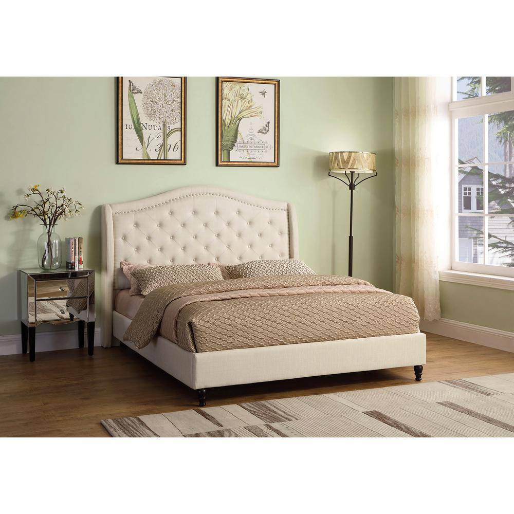 King Cream Upholstered Tufted Platform Bed with Nailhead Trim
