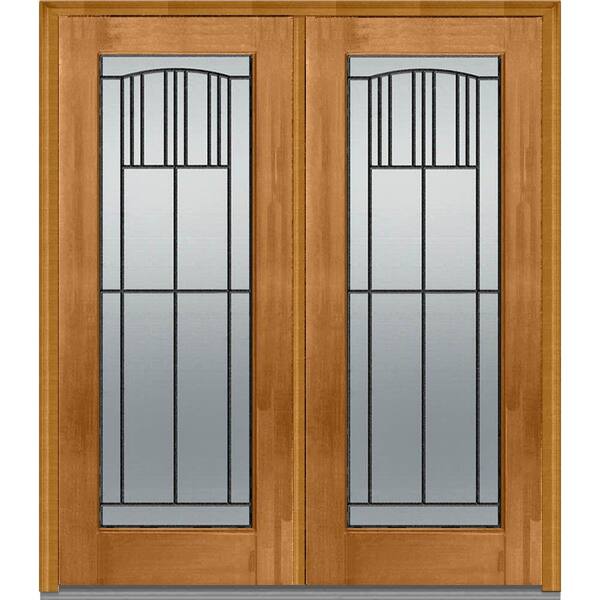 MMI Door 64 in. x 80 in. Madison Right-Hand Inswing Full Lite Decorative Glass Stained Fiberglass Mahogany Prehung Front Door