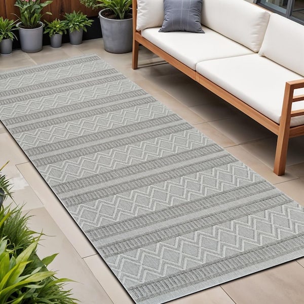 Beige, Gray 2 ft. x 8 ft.  ft. Woven Striped Polypropylene Runner Indoor/Outdoor Area Rug