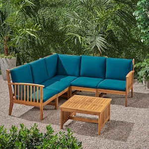 Carolina Brown Patina 6-Piece Wood Outdoor Patio Conversation Sectional Seating Set with Dark Teal Cushions