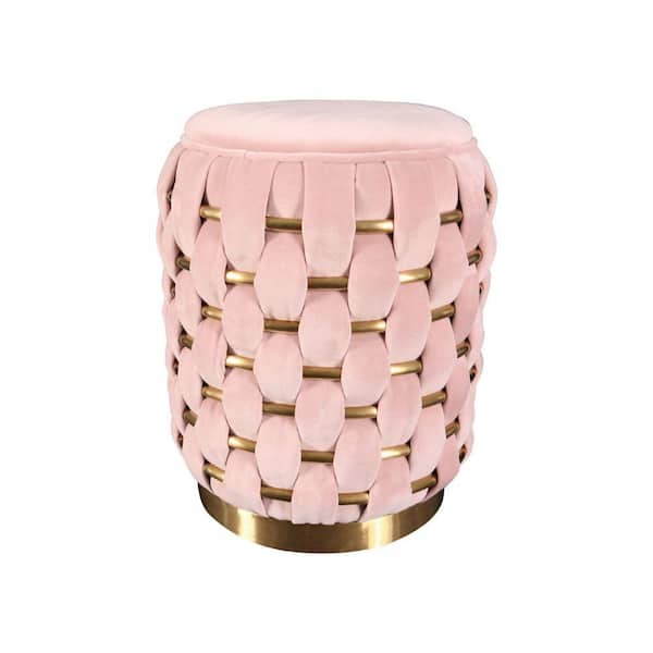 Benjara Reno Pink and Gold Woven Accents Velvet Ottoman with Hoop Frame