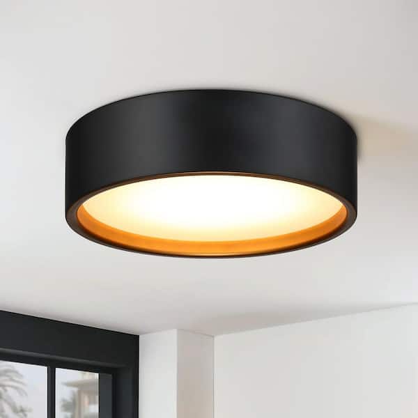 14 in. LED 24-Watt Modern Black Integrated LED Flush Mount with White Acrylic Shade