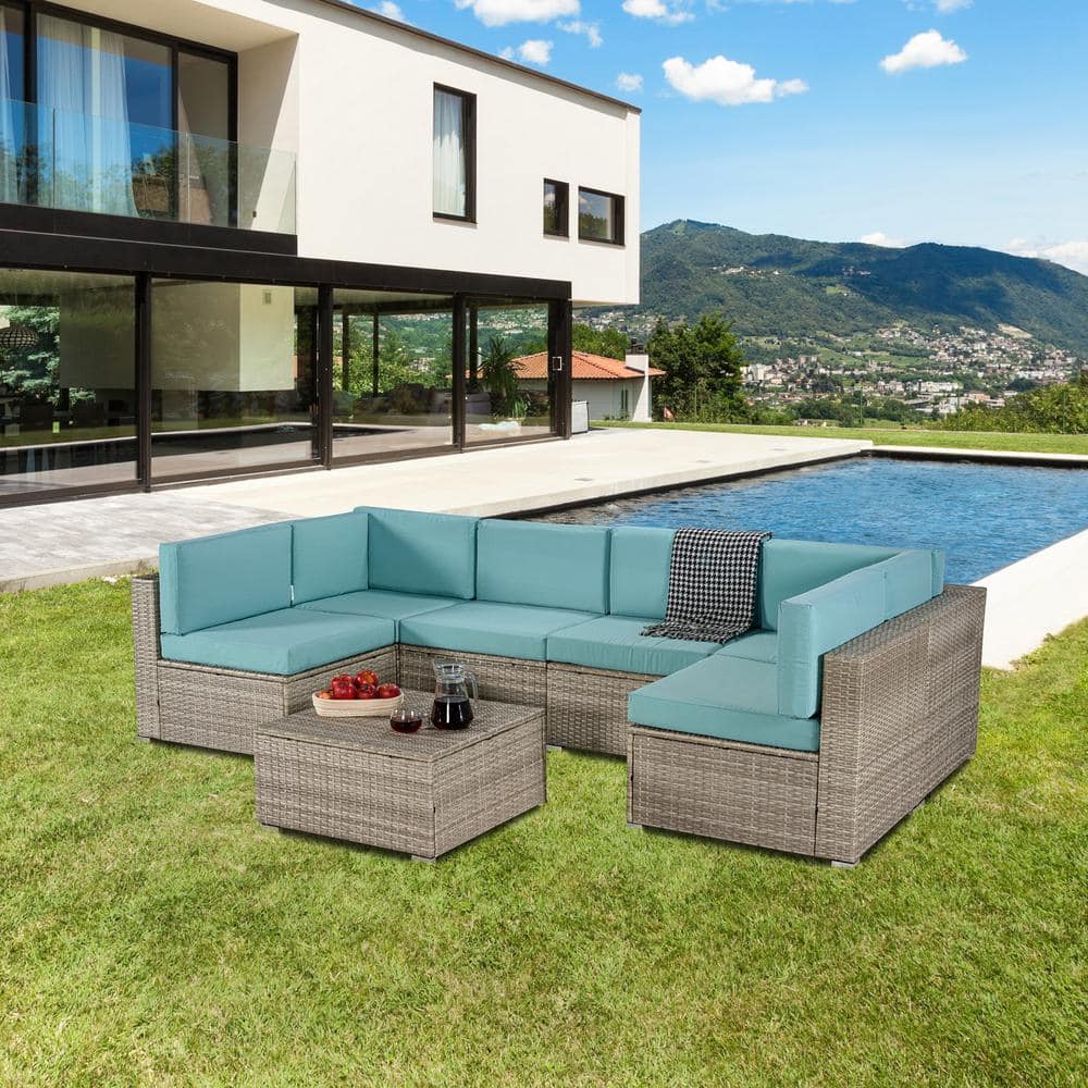 Gray 7-Piece PE Rattan Wicker Outdoor Sectional Set with Removable Thick Wa
