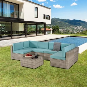 Gray 7-Piece PE Rattan Wicker Outdoor Sectional Set with Removable Thick Waterproof Durable Teal Blue Cushions