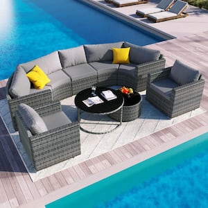 Gray 9-Piece Half-Moon Wicker Outdoor Sectional Set with Gray Cushions and Table Set