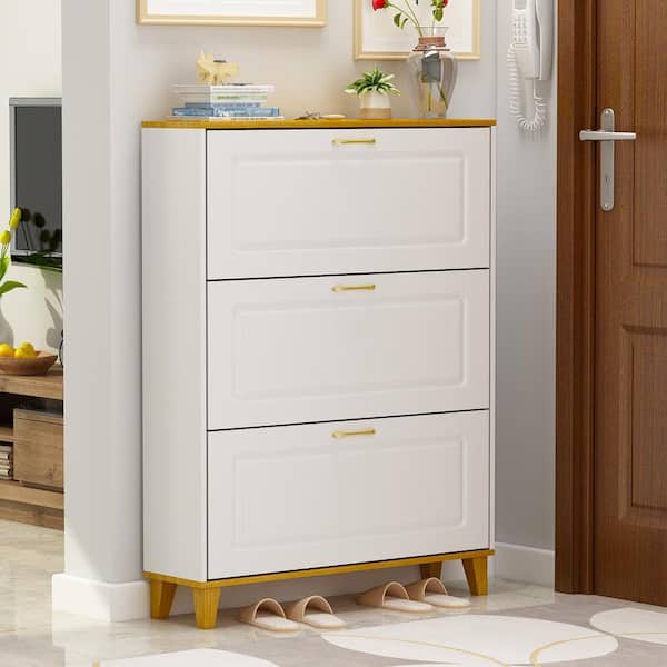 FUFU&GAGA 47.2 in. H x 35.4 in. W 24-Pairs White Wood Shoe Storage Cabinet with Foldable Compartments