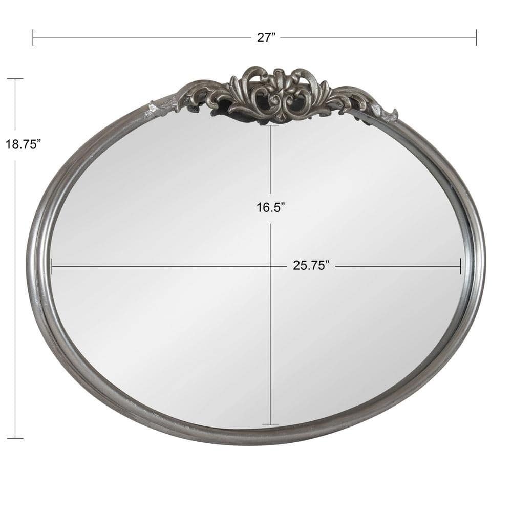Oval Silver Wood Vanity Mirror with Intricate Metal Crown