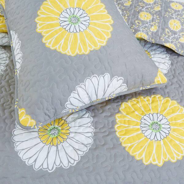 Queen Details about   Miss Daisy Floral Quilt Set Dove Gray Sunny Yellow White Sunflowers Full