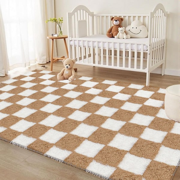 Checkerboard Shag Brown/White 6 ft. x 9 ft. Checkered Area Rug