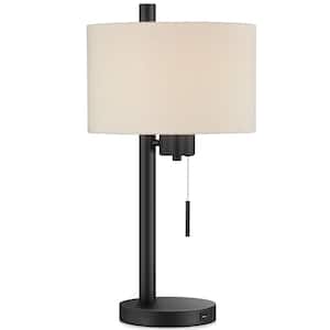 23 in. Black Modern Table Lamp with USB Port and White Linen Shade