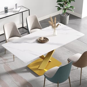 70.87 in. Rectangle Gold and White Sintered Stone Tabletop Dining Table with Black Carbon Steel Base (Seats 8)