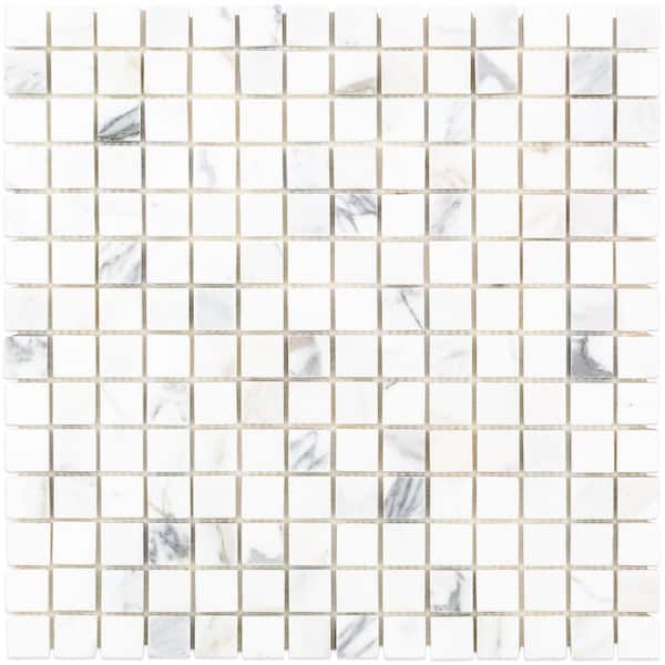 Calacatta Squares White & Gray 12 in. x 12 in. x 10.5 mm Marble Mosaic