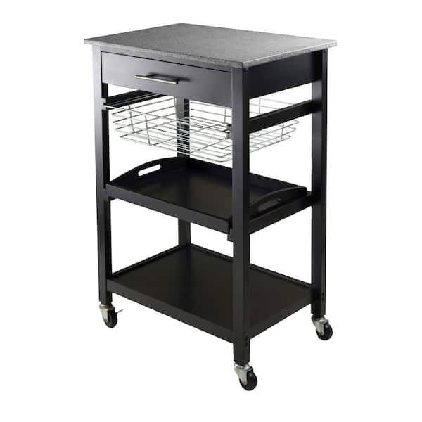 WINSOME WOOD Julia Black Kitchen Cart with Granite Top