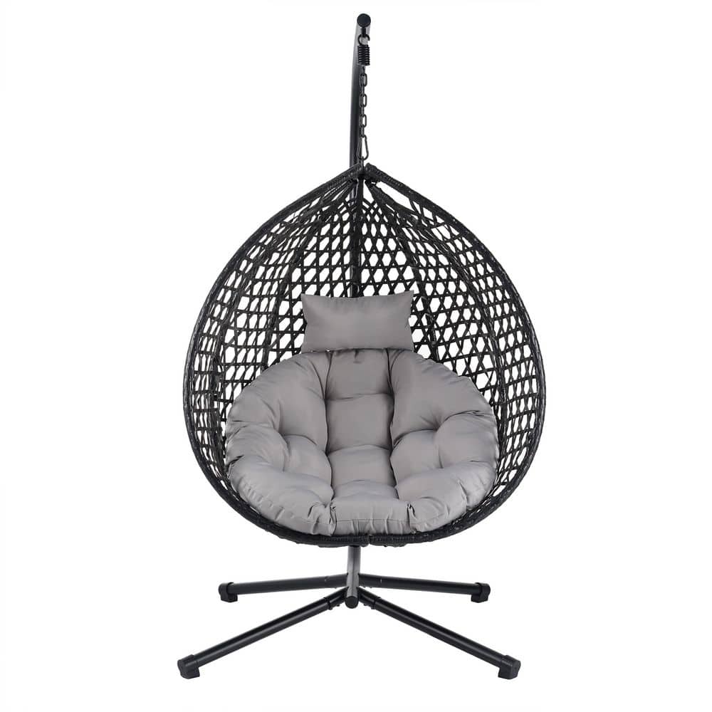 Free Standing Hanging Egg Chair with Stand, Indoor Outdoor Swing Chair with Cushion in Black Gray