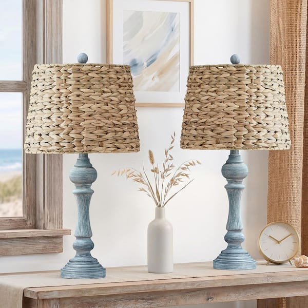 Heideman 26 in. Antique Blue Modern Resin Bedroom Living Room Bedside Desk Nightstand Table Lamps (Set of 2)