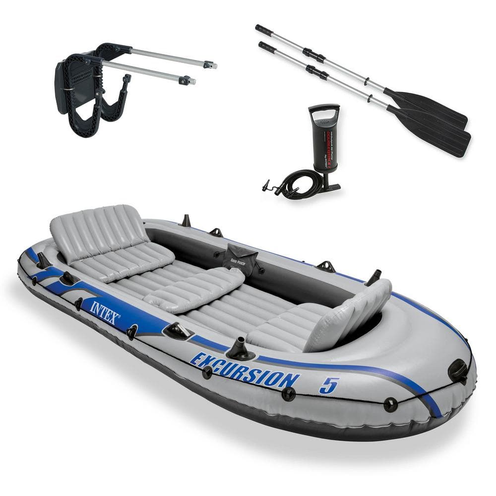 INTEX Excursion 5 Inflatable Rafting and Fishing Boat with Oars Plus Motor Mount -  37026