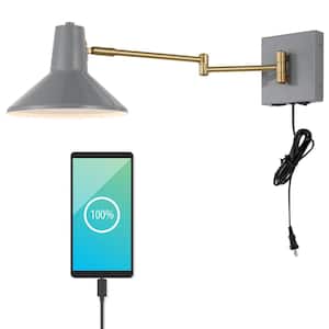 Hygge 16 in. Swing Arm 1-Light Grey/Brass Gold Modern Midcentury Iron USB Charging Port LED Wall Sconce