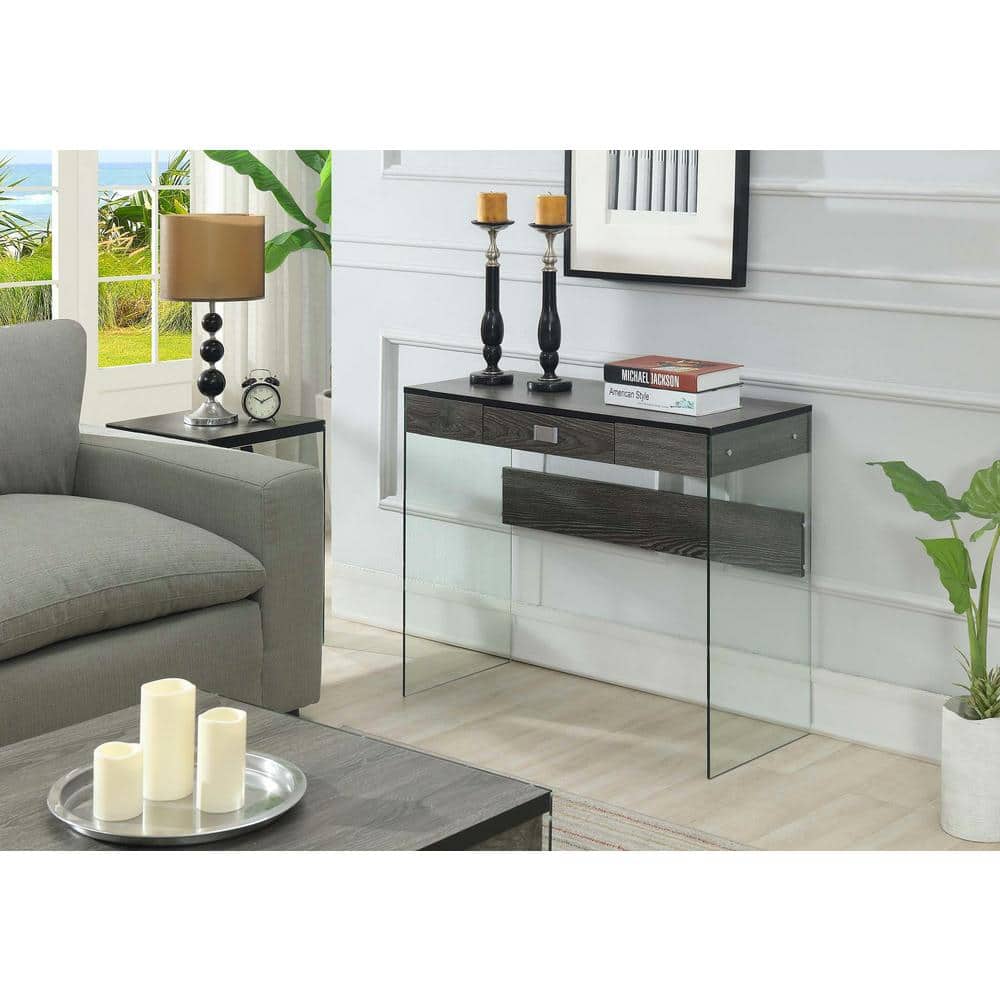 Weathered Gray 36" Wood Console with Glass Accents and Drawer