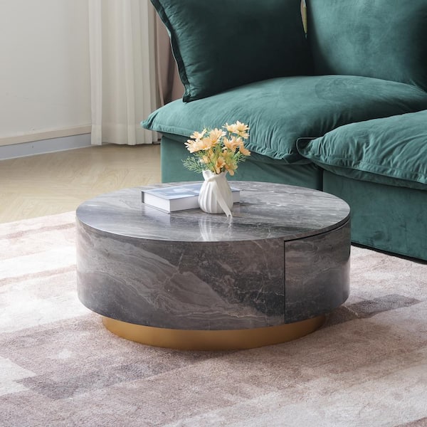 33 in. Modern Brown Round Wood Round Coffee Table Center Table with 2-Drawers for Living Room, Fully Assembled