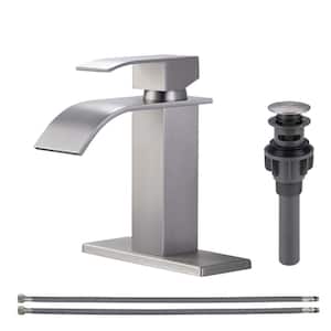 Waterfall Single Handle Single Hole Bathroom Faucet with Deckplate Included Pop Drain in Brushed Nickel